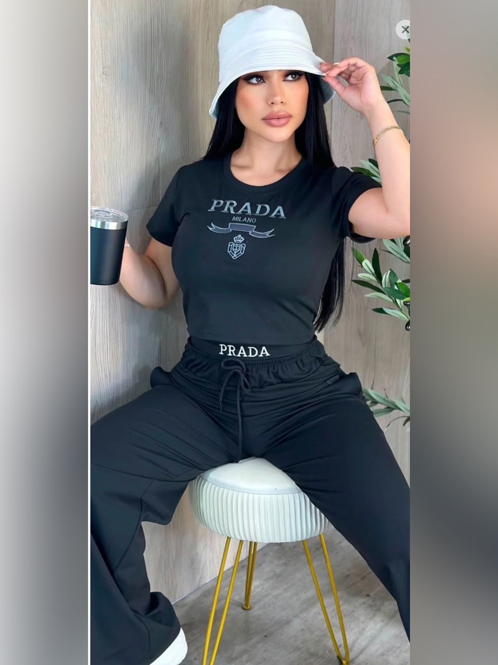 Black Wide-Leg Logo Pants with Matching Crop top size M